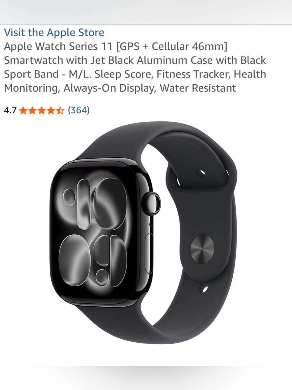 Apple Watch (46mm) Jet Black Aluminum Case with Black Sport Band